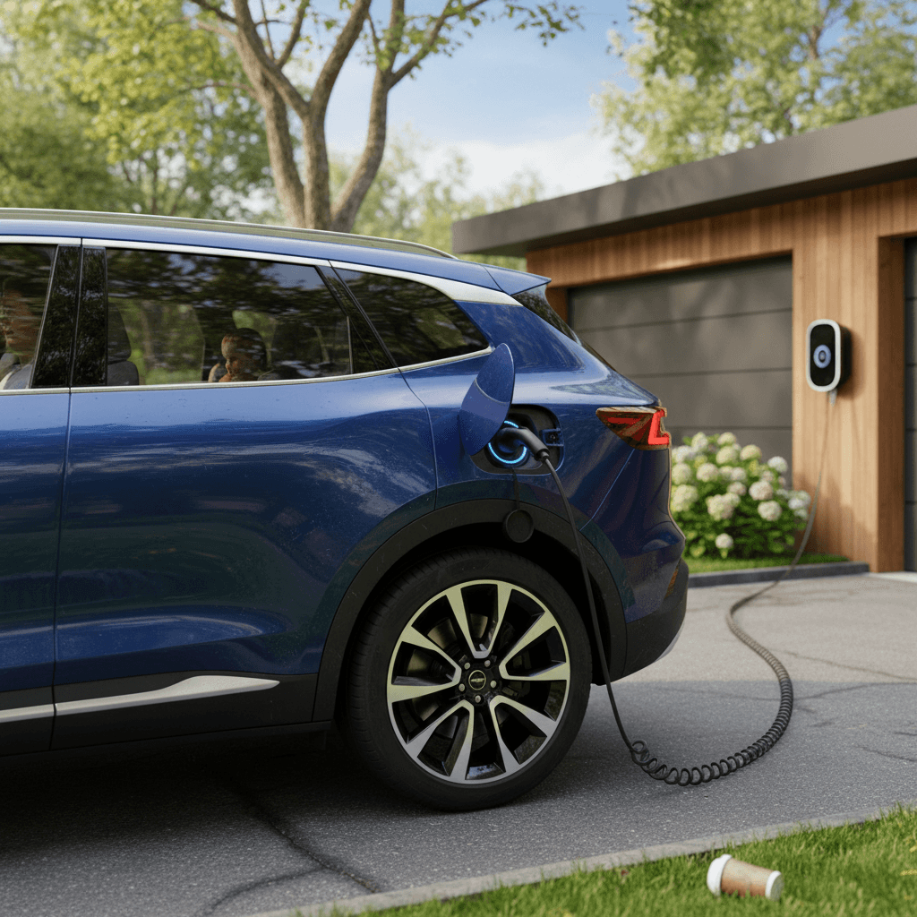 Modern electric SUV driving through a suburban neighborhood street