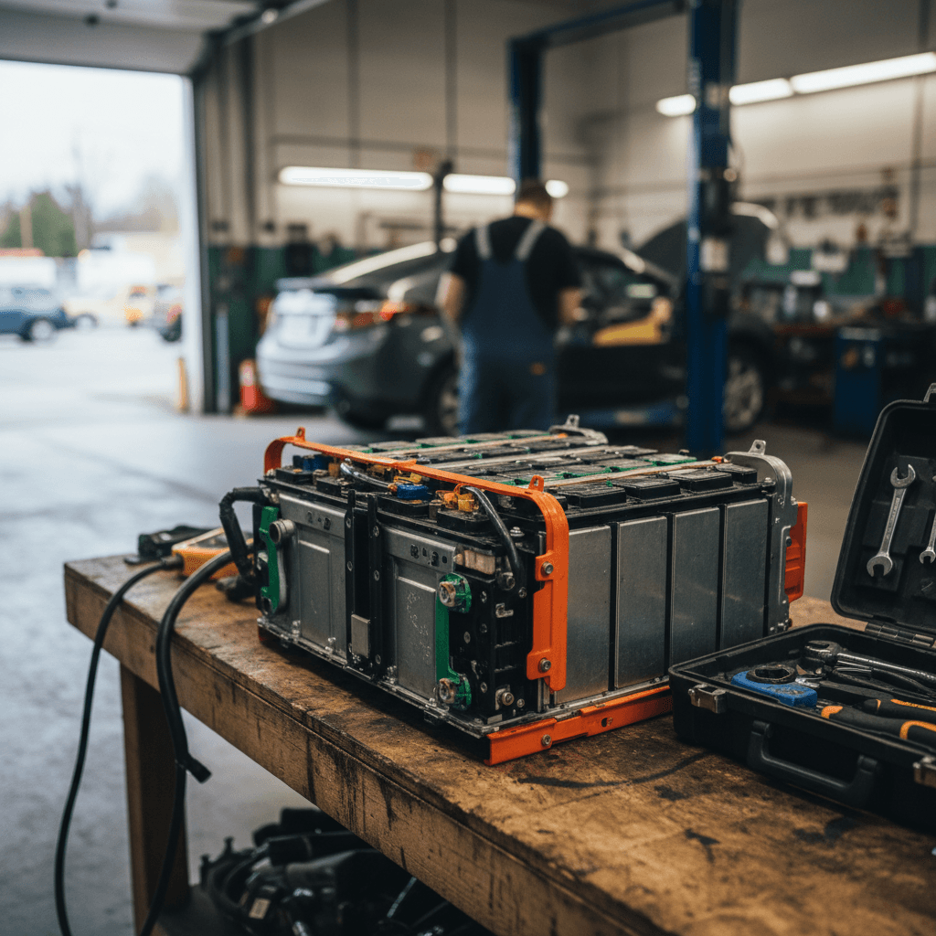 Mechanic inspecting an electric vehicle battery pack on a lift