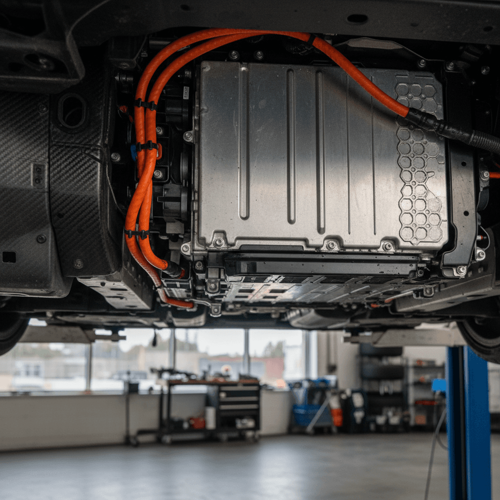 Underfloor EV battery pack on a luxury sedan platform in a workshop