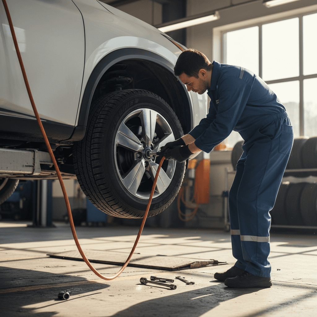 Mechanic checking fluid levels and hoses in an engine bay during scheduled maintenance