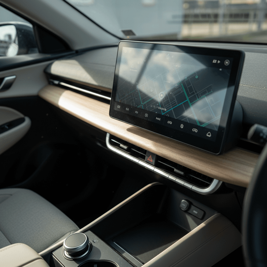 Minimalist interior of a 2023 Tesla Model Y with a large central touchscreen and glass roof