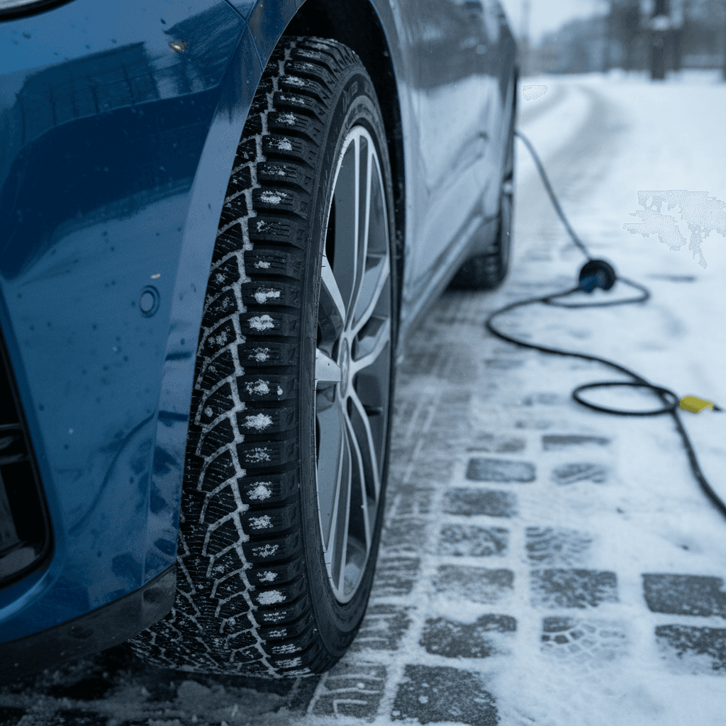Closeup of a winter tire tread mounted on an electric car parked on snow.