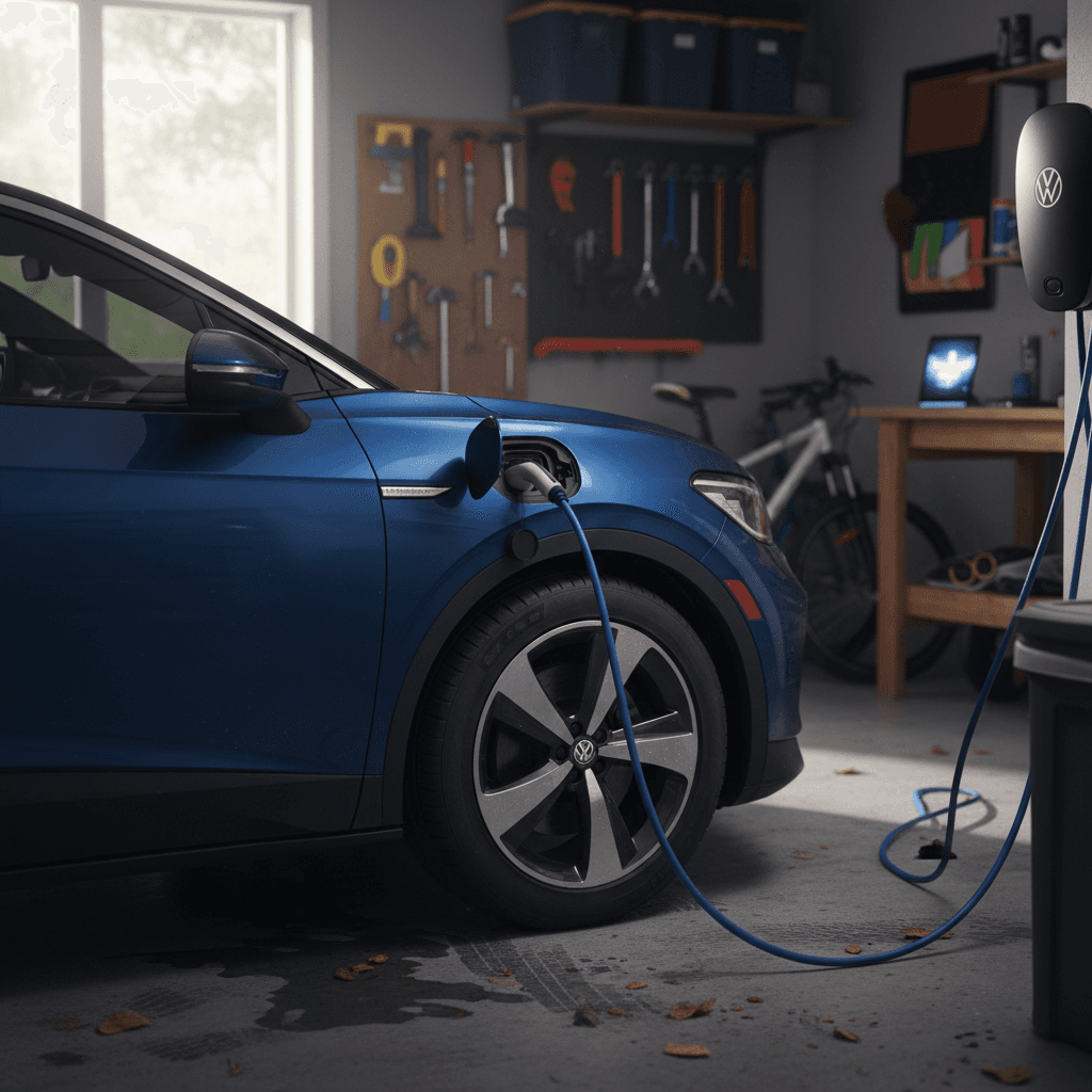 A 2025 VW ID.4 style electric SUV plugged into a home wall charger in a modern garage