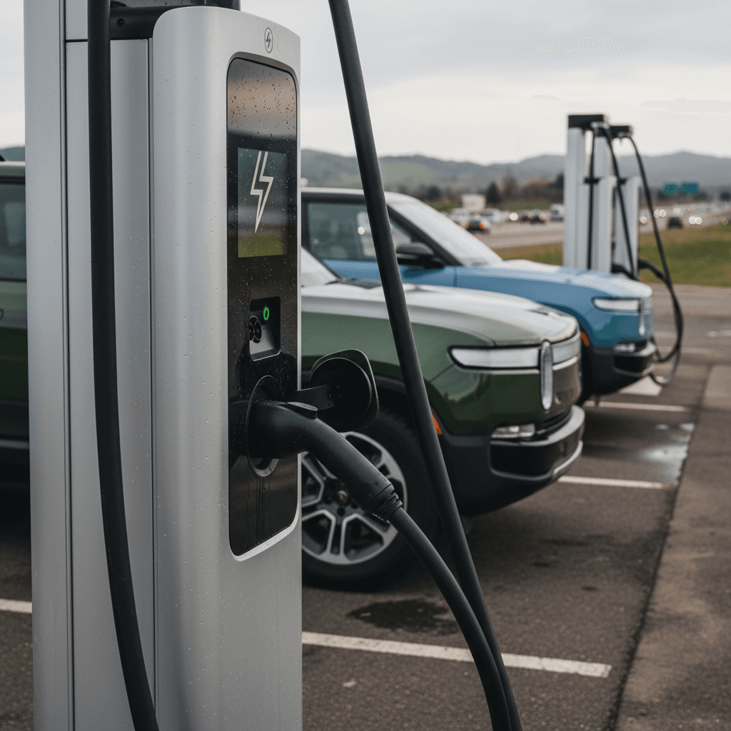 Rivian R1S charging at a snowy highway fast charger, snow buildup on the rear bumper and wheel arches
