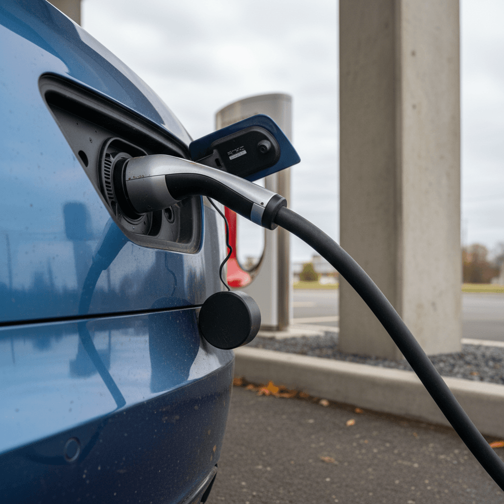 View of a Tesla electric motor and underbody components on a lift