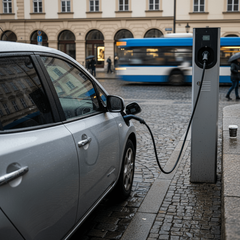 Compact electric car plugged into a public charging station on a city street