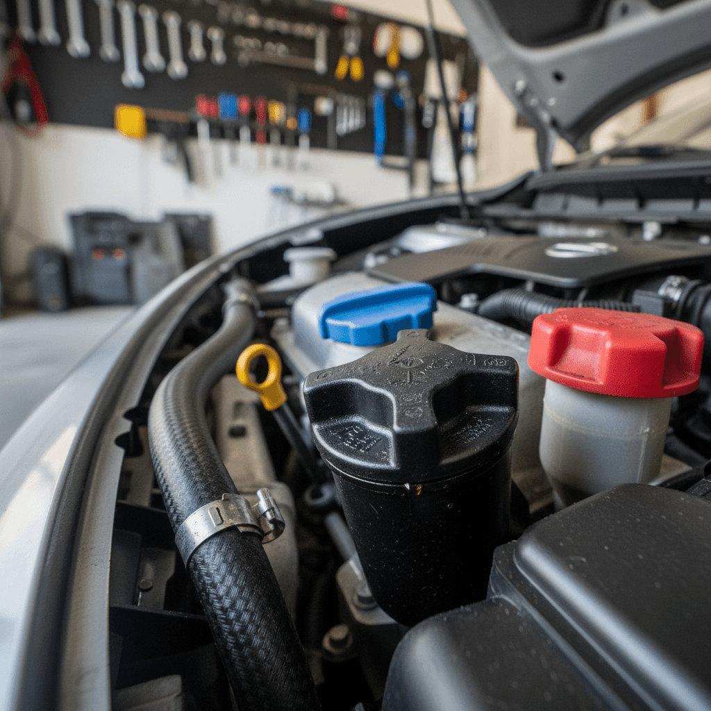 Mechanic draining engine oil from a compact SUV on a lift during routine service