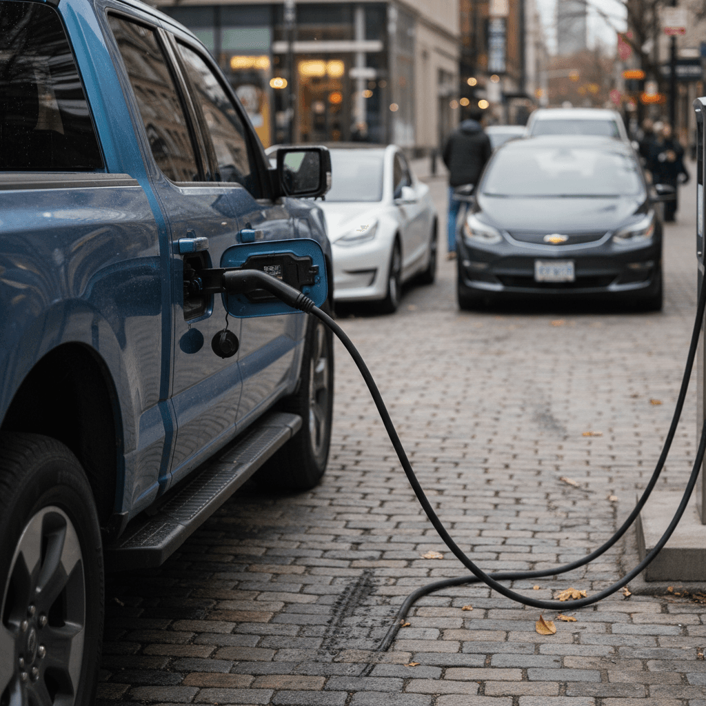 Lineup of modern electric vehicles from multiple brands parked in an American setting