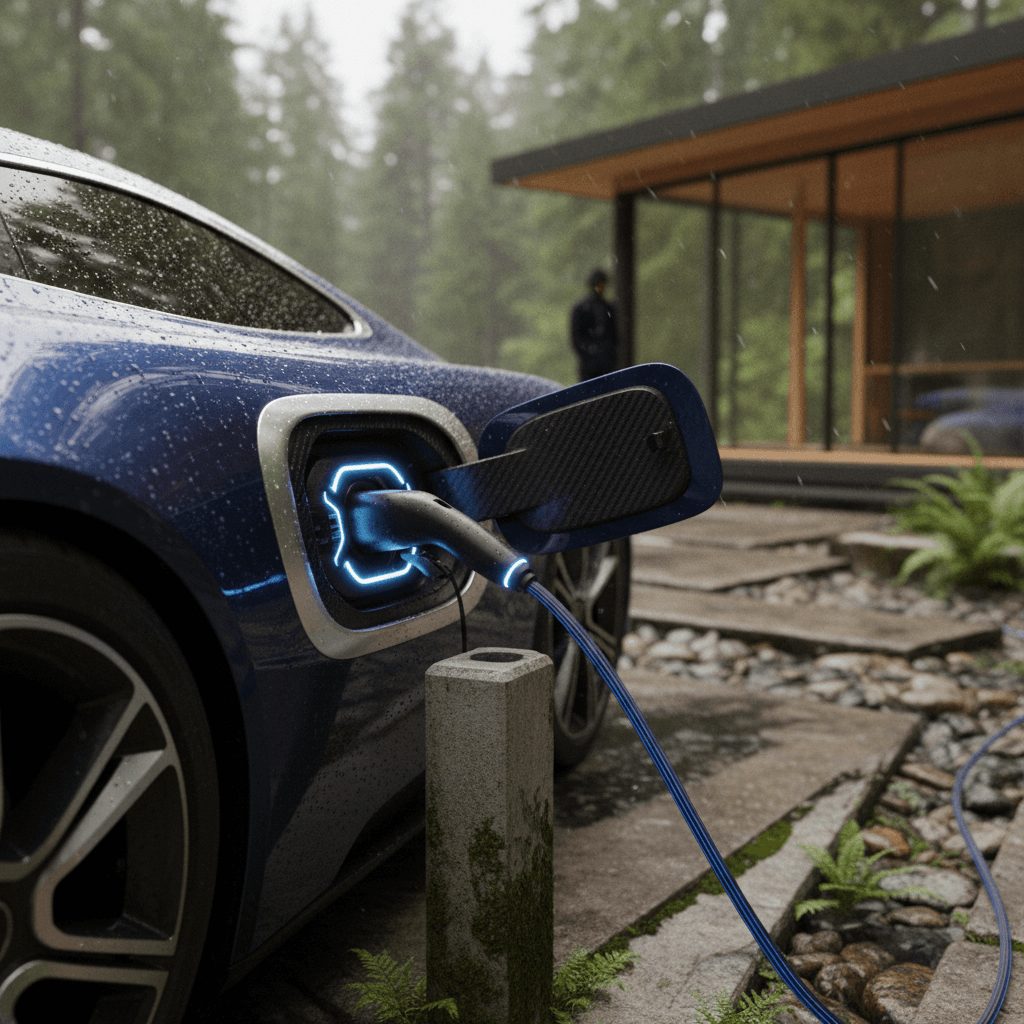 Ambient-lit interior of a luxury electric sedan with minimalist dashboard and lounge-like seats