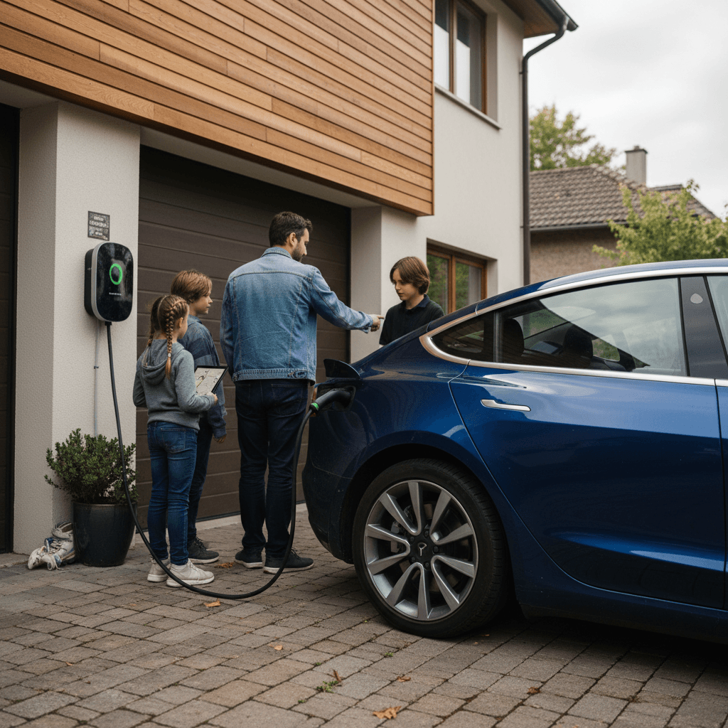 Digital dashboard and center screen of a modern e-automobile showing energy and navigation information