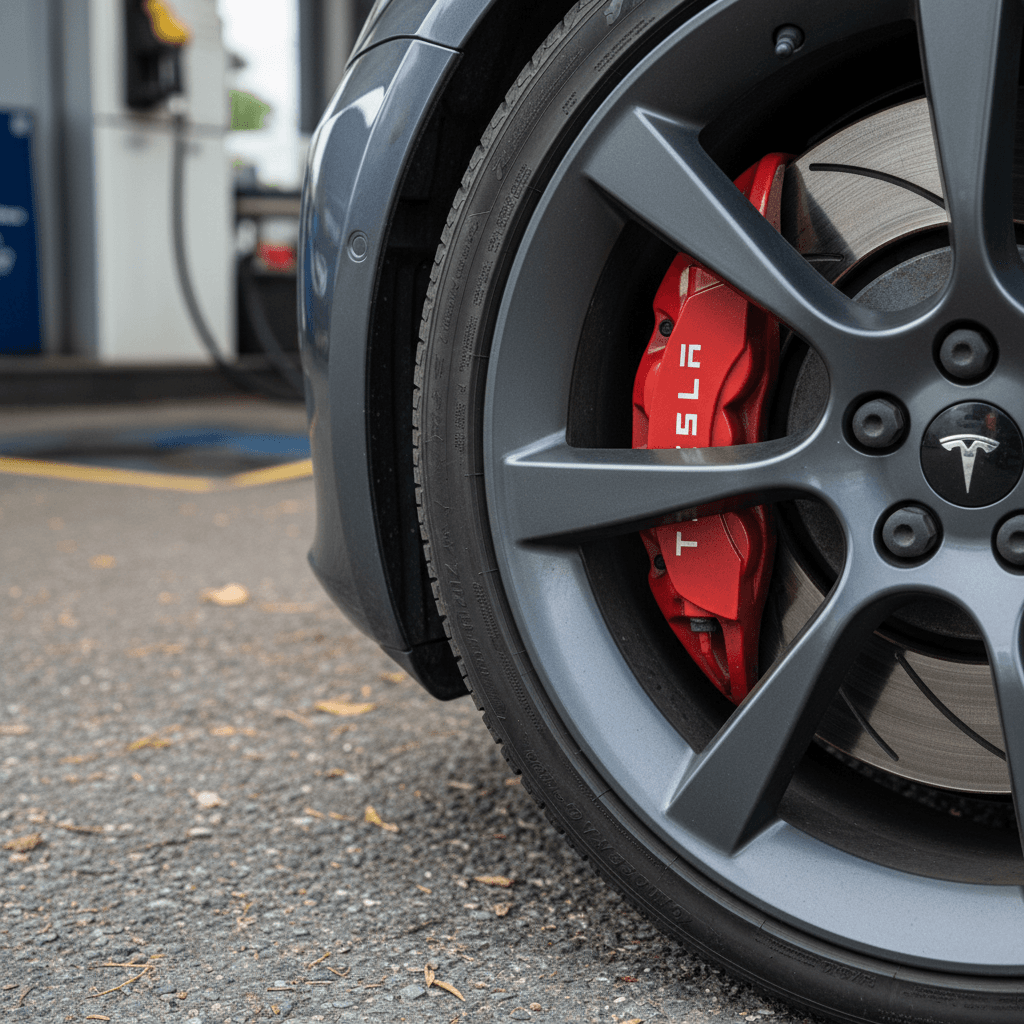 Closeup of an EV tire showing tread wear pattern