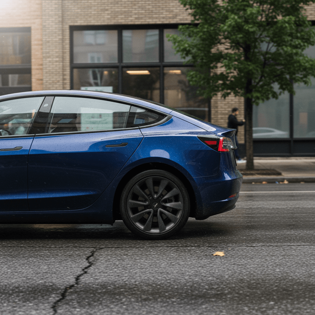 White Tesla Model 3 driving down a suburban street, illustrating daily use and wear
