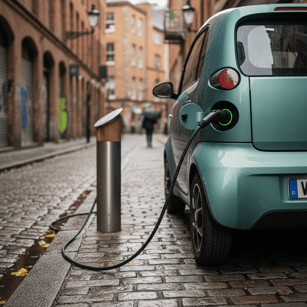 Small compact electric hatchback parked on an urban street near a sidewalk
