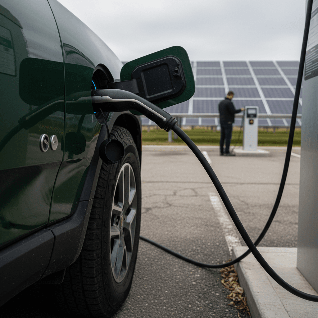 Rivian R1S electric SUV charging at a public fast charger