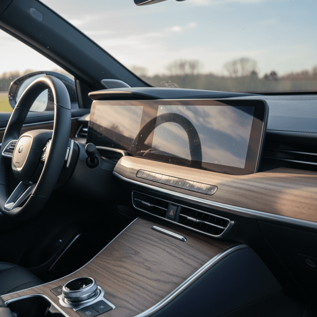 Electric sedan interior with a large central touchscreen and digital instrument cluster