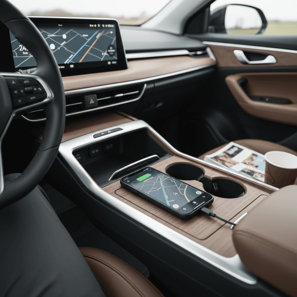 Driver behind the wheel of an electric car, looking at a digital dashboard while driving