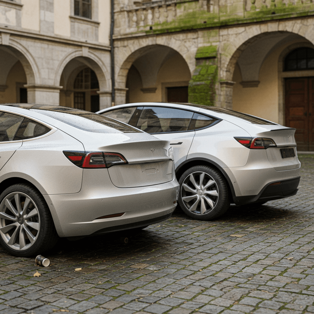 Used silver Tesla Model Y Long Range parked in a suburban driveway