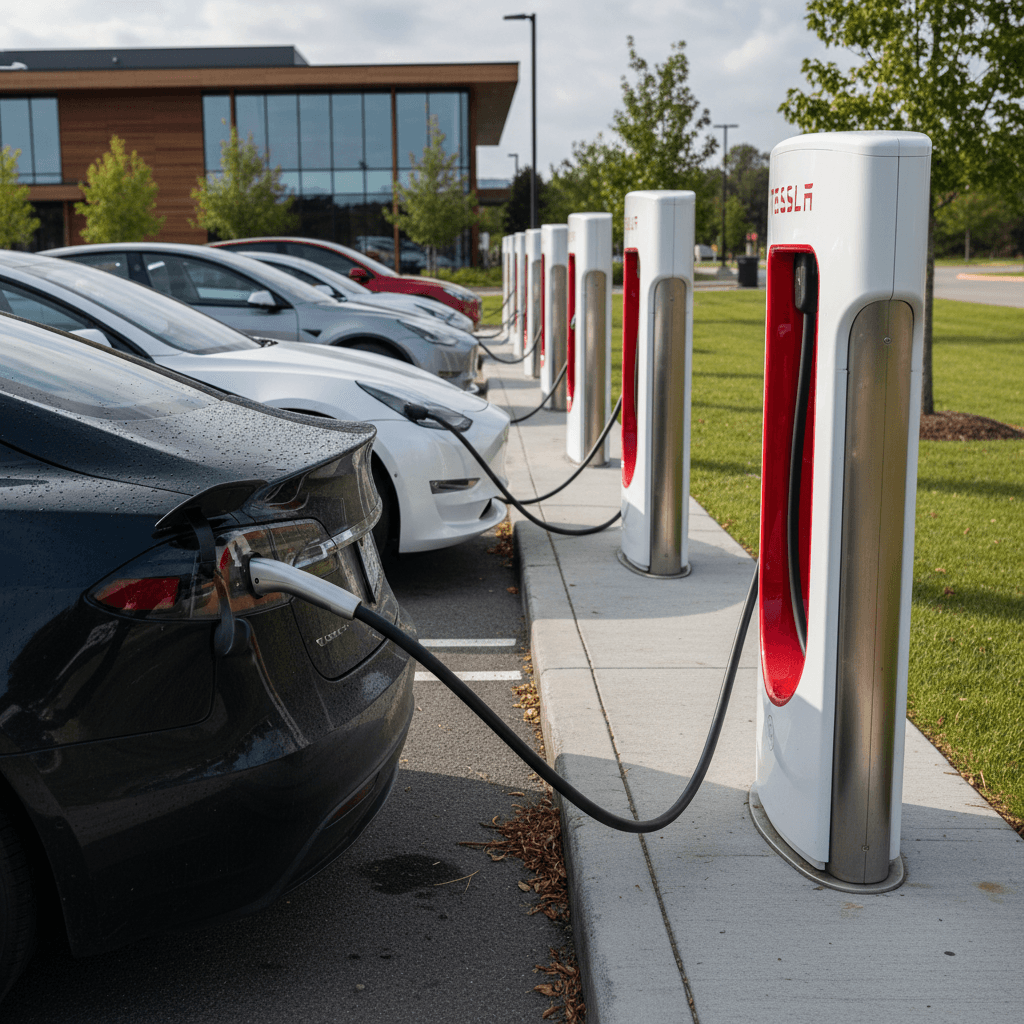 Row of Tesla Supercharger stalls at a modern fast-charging site at dusk
