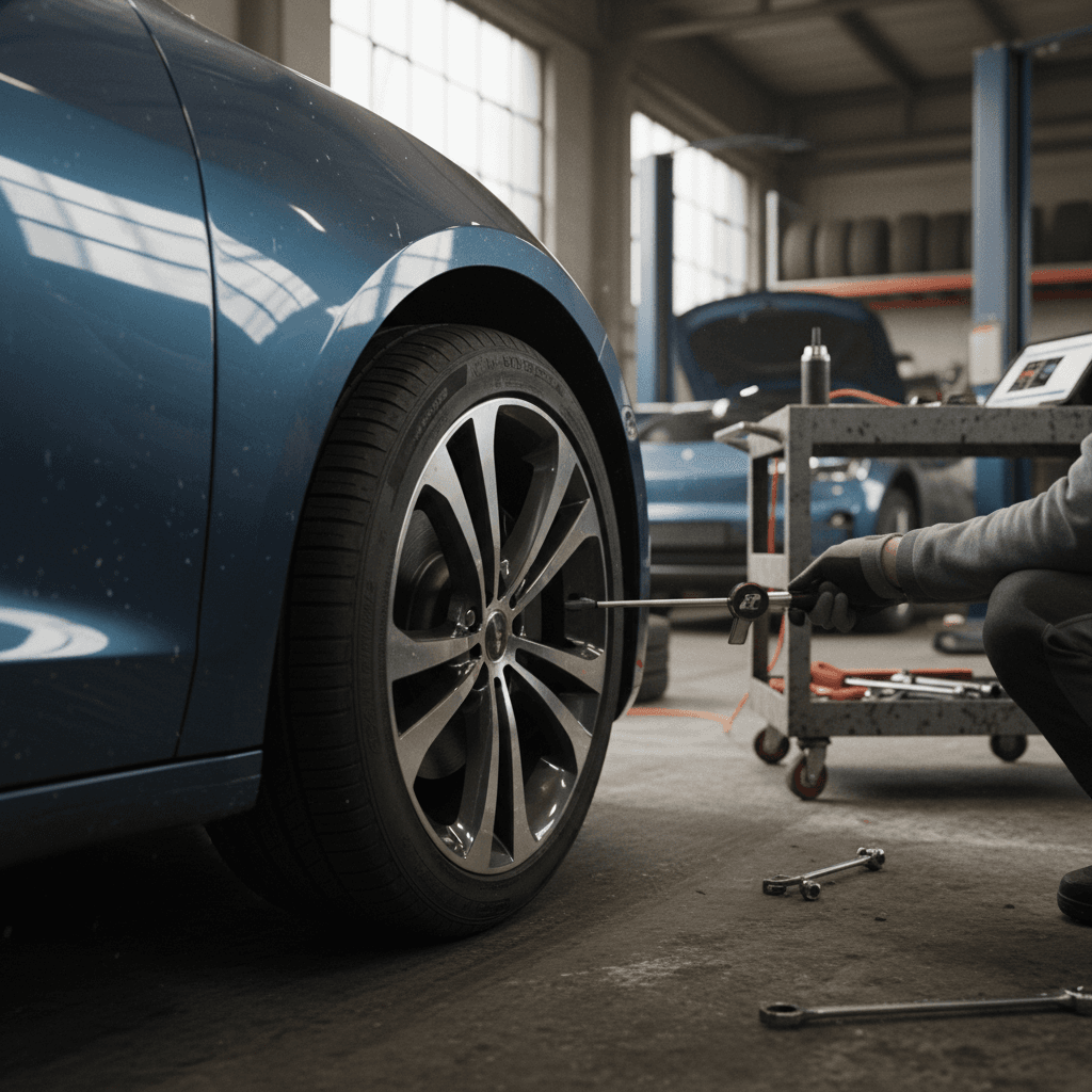 Mechanic checking tread depth on an electric car tire