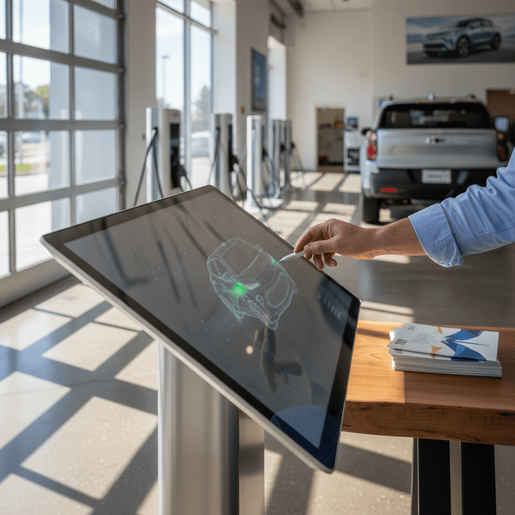 Customer reviewing paperwork while buying a used electric vehicle at a dealership