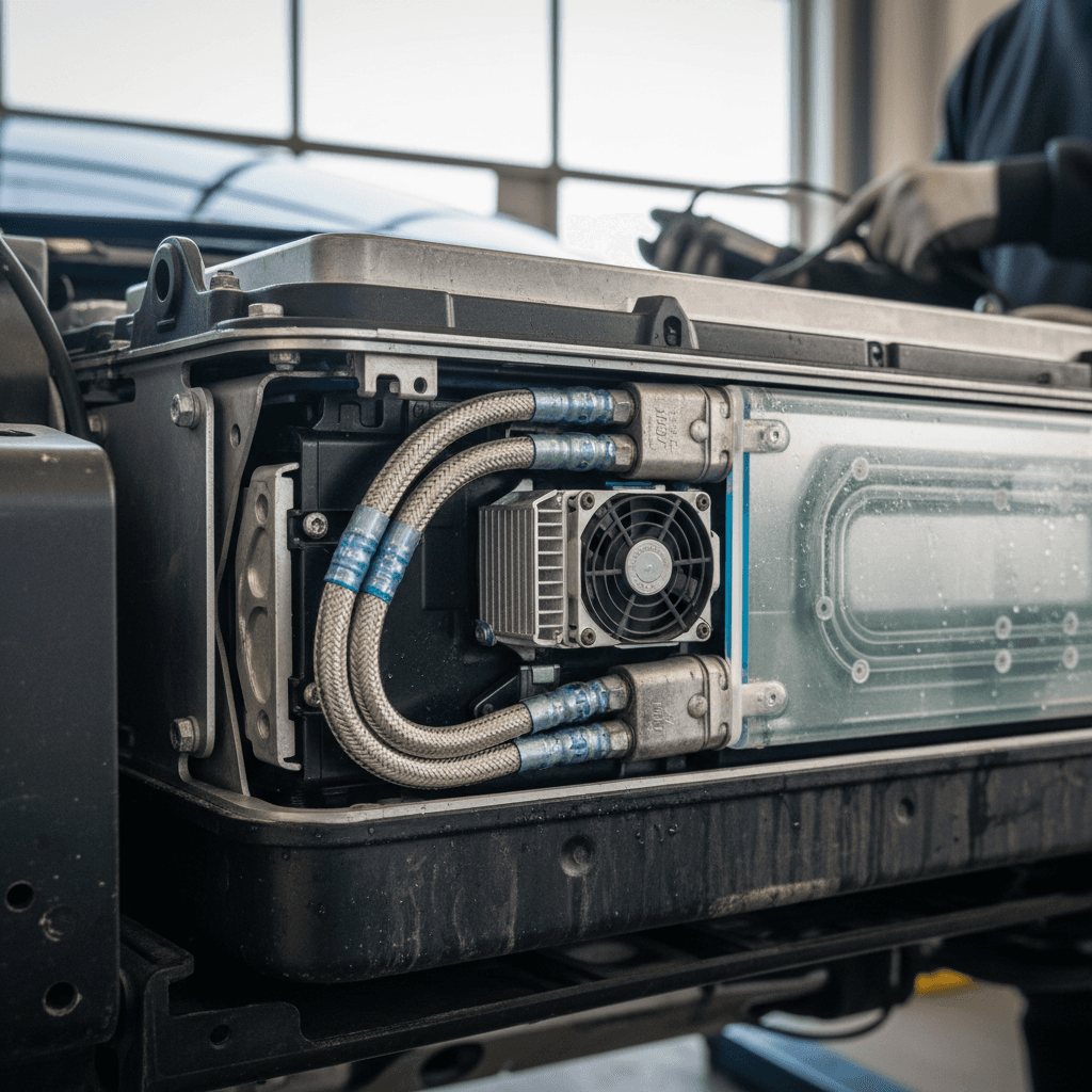 Close-up of an EV battery pack with liquid cooling plates between the cells