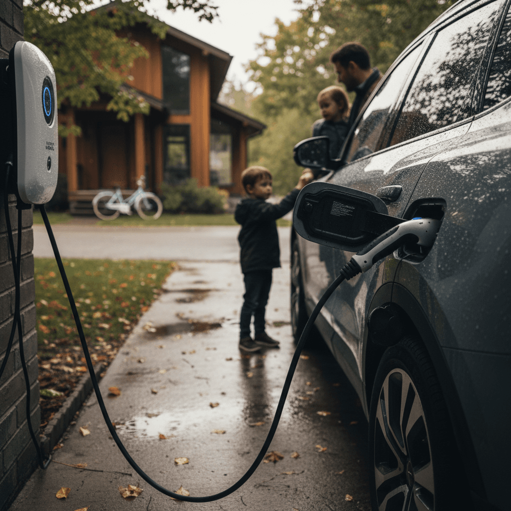 Family charging an electric car in a home driveway, illustrating typical daily EV charging at home