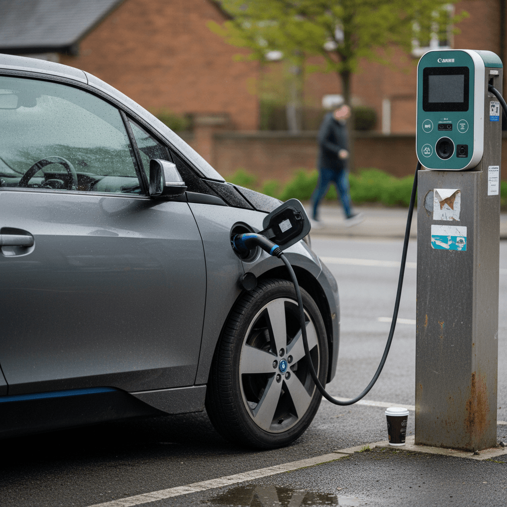 BMW i3 range extender model plugged in at a public charging station