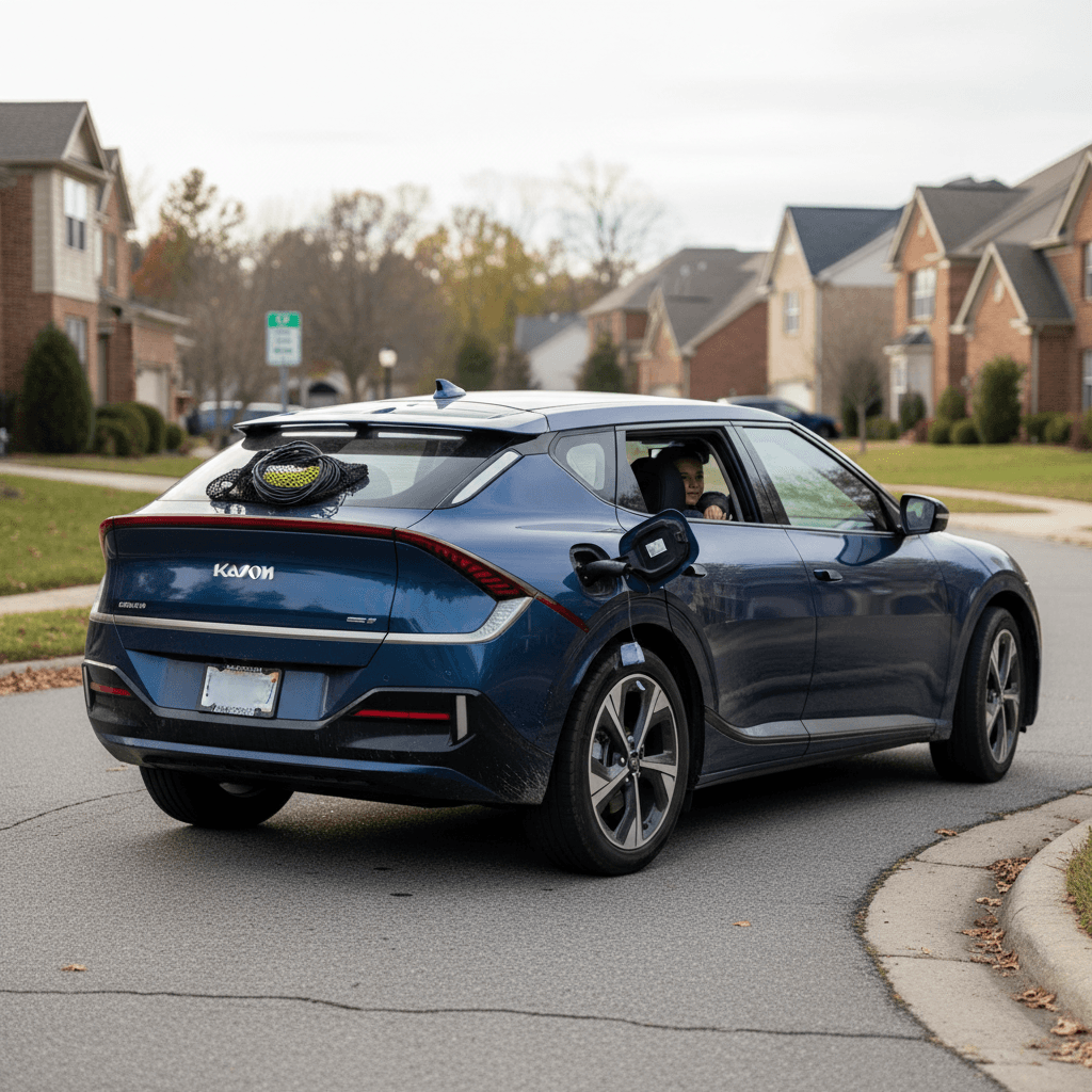 Family driving a modern electric SUV on a suburban road, illustrating a practical used EV choice for families
