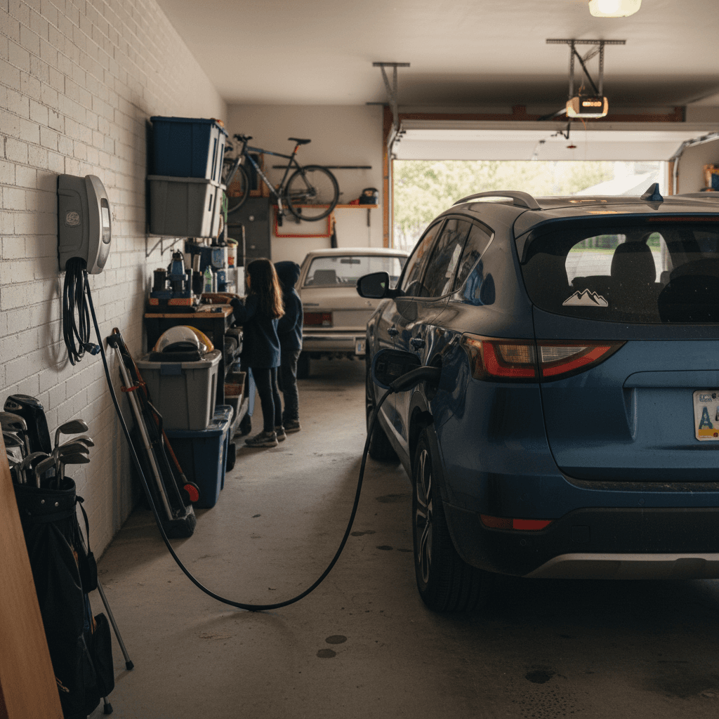 Family electric SUV charging in a modern home garage driveway