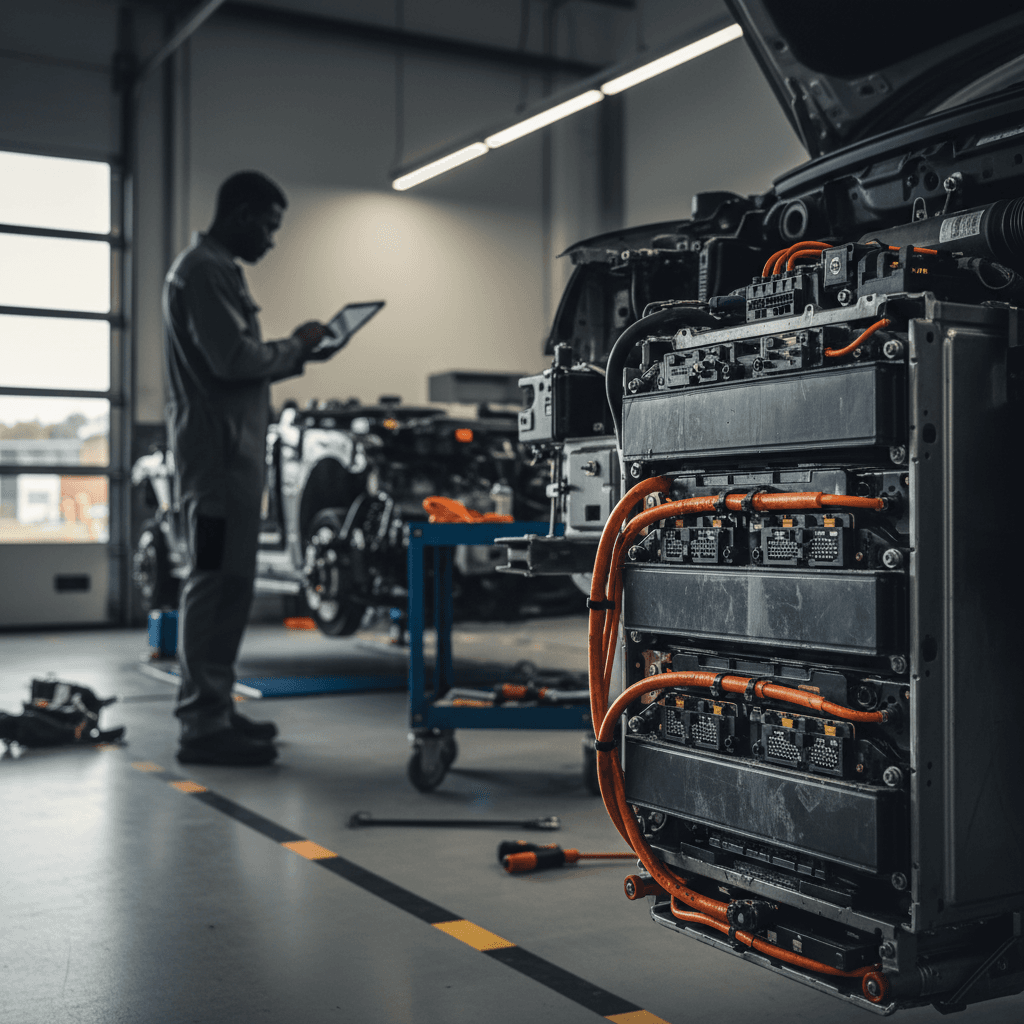 Technician inspecting the high-voltage battery pack of an electric car on a lift