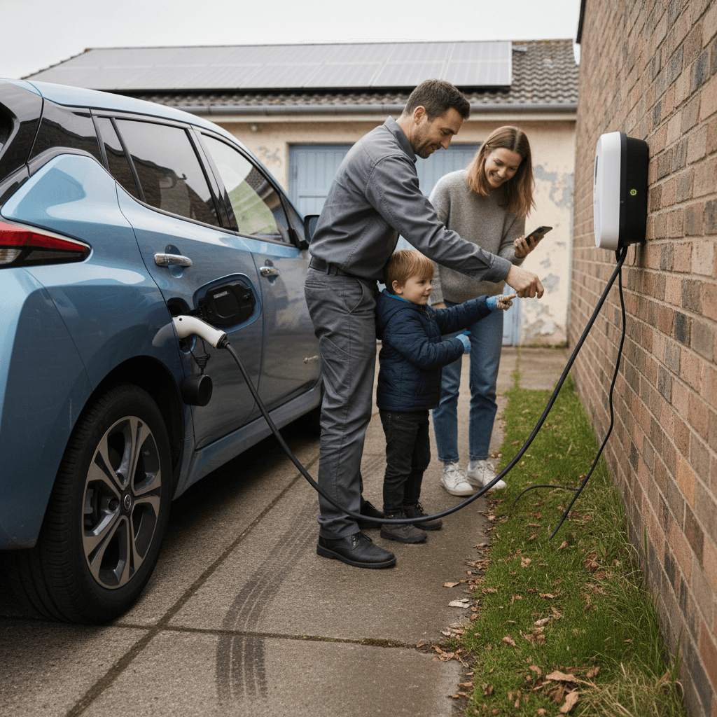 Family plugging in their electric car to a home charger in the driveway