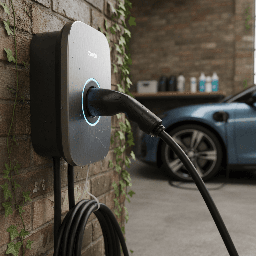 Close-up of an EV charging connector plugged into a car at a home charging station