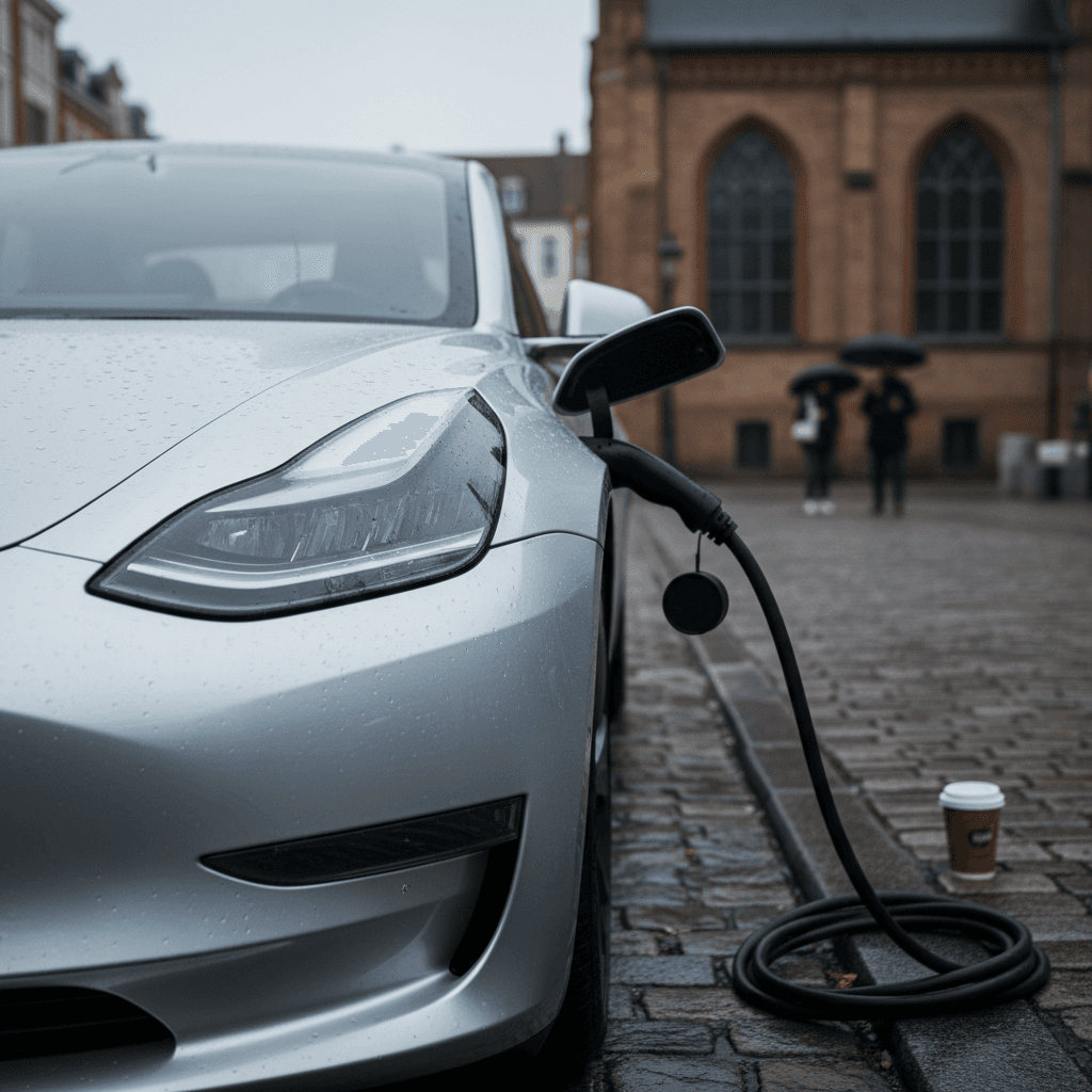 Multiple Tesla Supercharger stalls lined up at a modern charging station