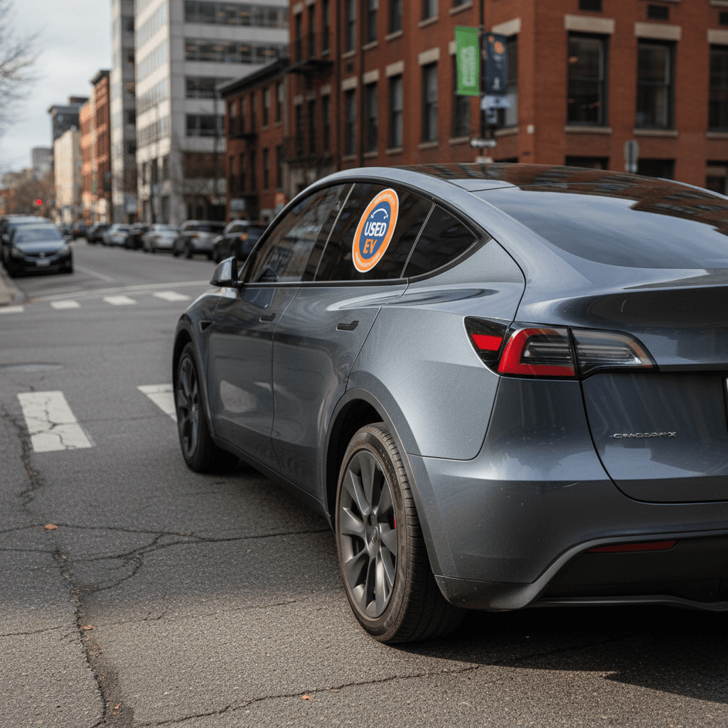 Several used Tesla Model 3 sedans lined up on a sales lot