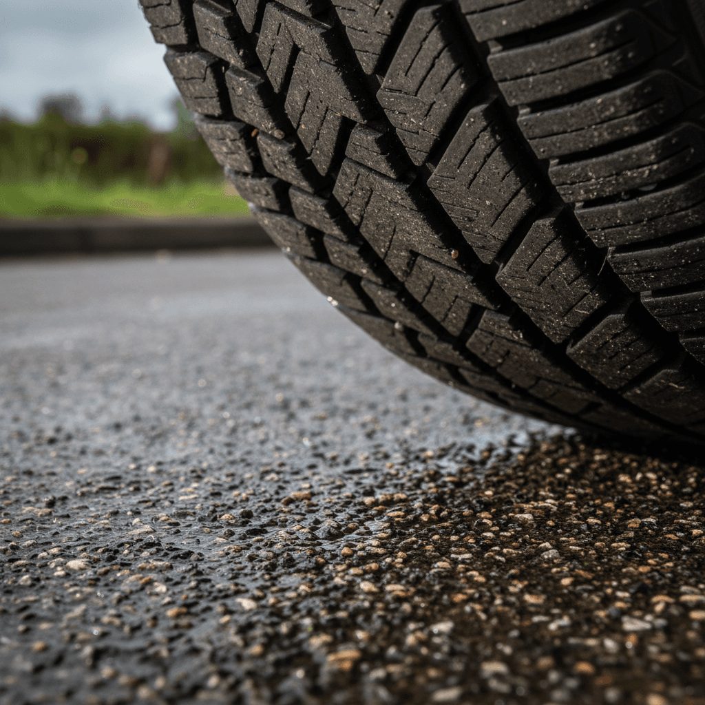 Closeup of an EV-specific electric tire tread pattern optimized for low rolling resistance and quiet running