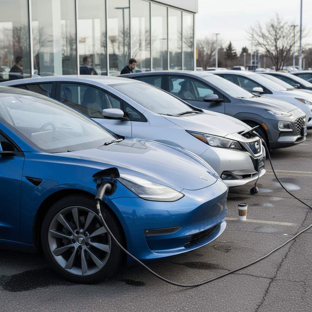 EV owner plugging an electric car into a home wallbox charger in a modern garage