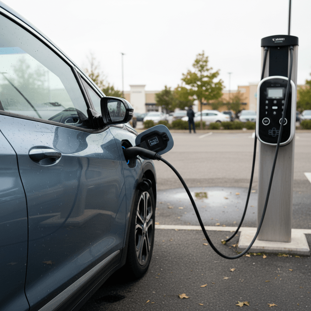 Chevy Bolt EUV electric car driving through a city street