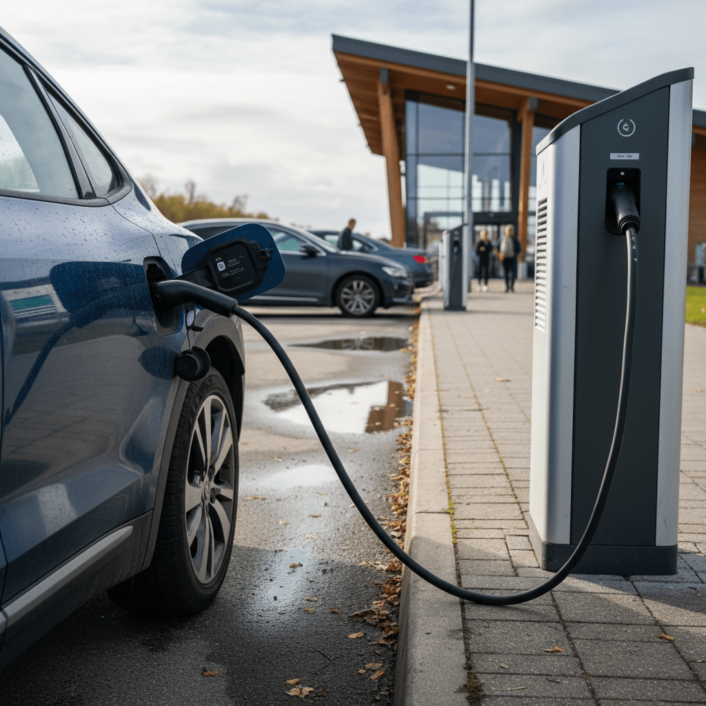 Multiple electric cars plugged in at a highway charging station rest stop