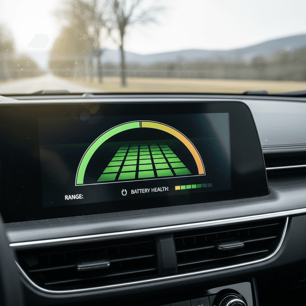 Digital EV dashboard showing remaining battery range on a lithium-ion pack
