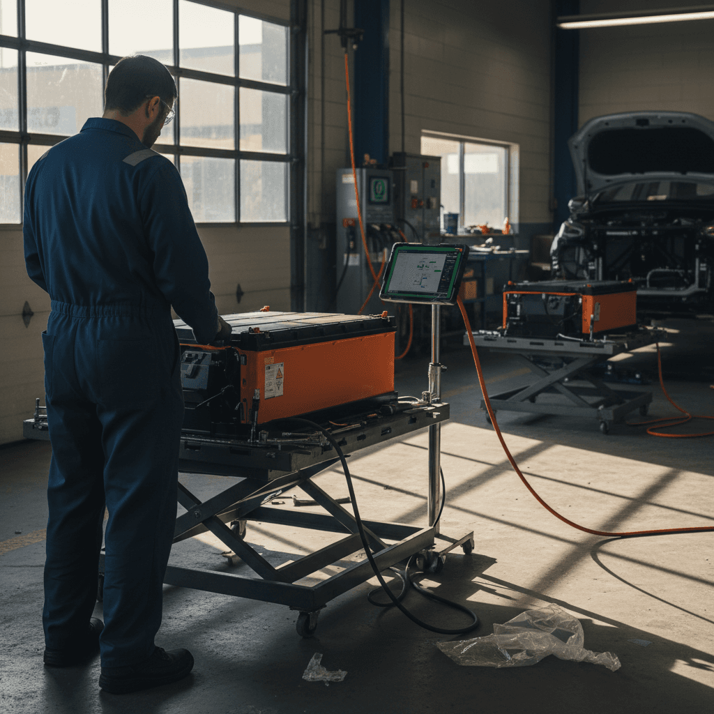 Technician servicing an electric car high-voltage battery pack on a lift