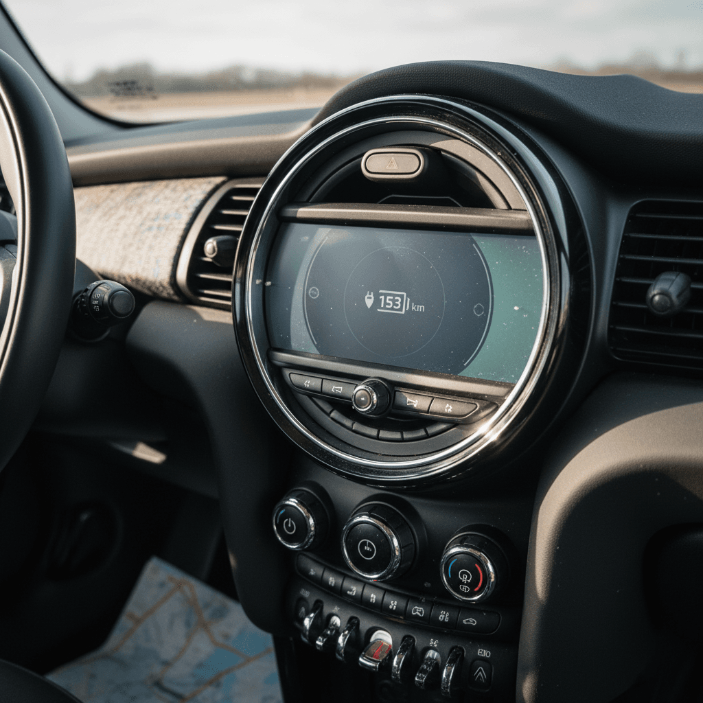 Interior of a modern Mini Cooper SE showing digital instruments and central touchscreen