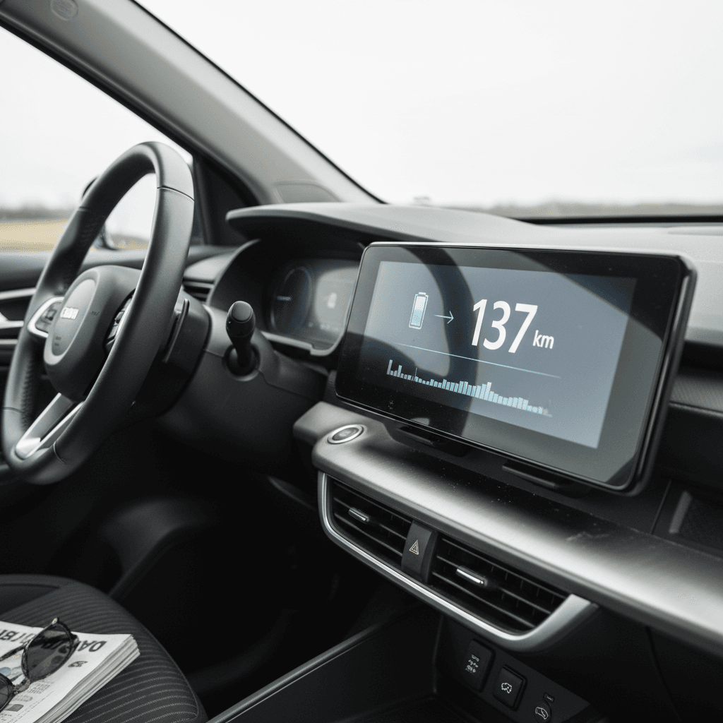 Electric car dashboard showing remaining battery range and trip information