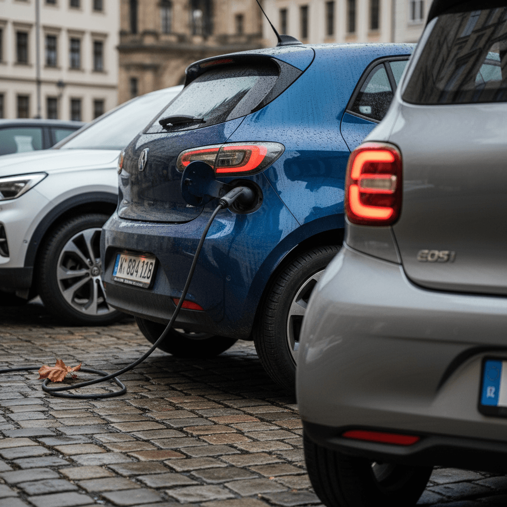 A tiny Smart Fortwo-style city car parked on a tight urban street