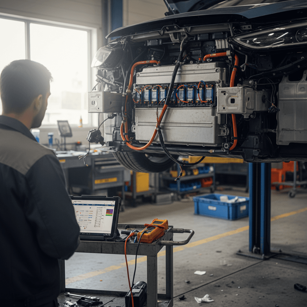 Technician performing collision repair and diagnostics on a modern electric vehicle in a body shop bay