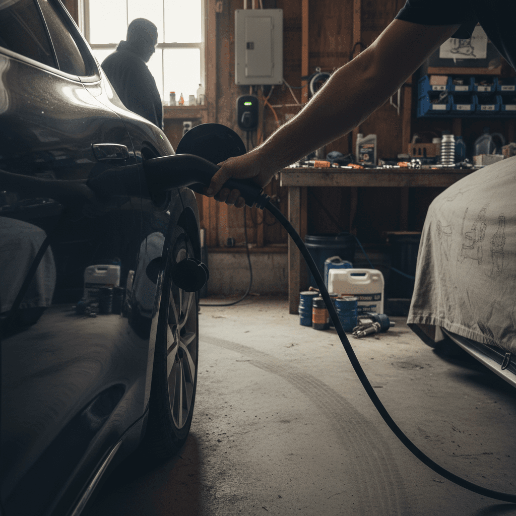 Electric car charging overnight in a modern home garage, illustrating the convenience of home charging compared to gas stations.