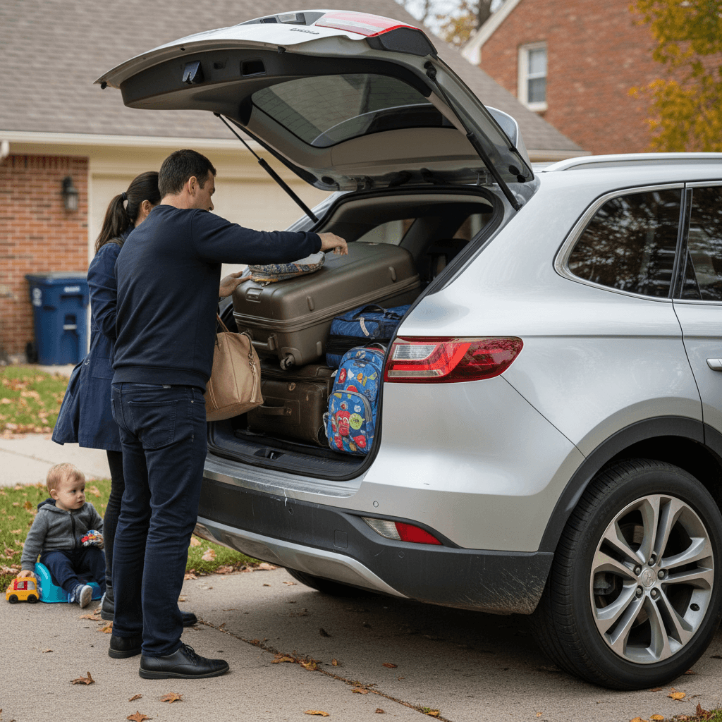 Family loading luggage into the rear of a three-row electric SUV before a trip