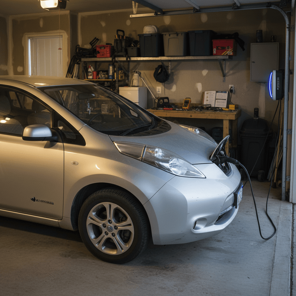 Electric car charging in a home garage, representing low daily running costs for EV owners