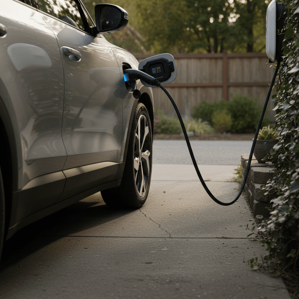 Family electric SUV plugged into a home charger in a suburban driveway