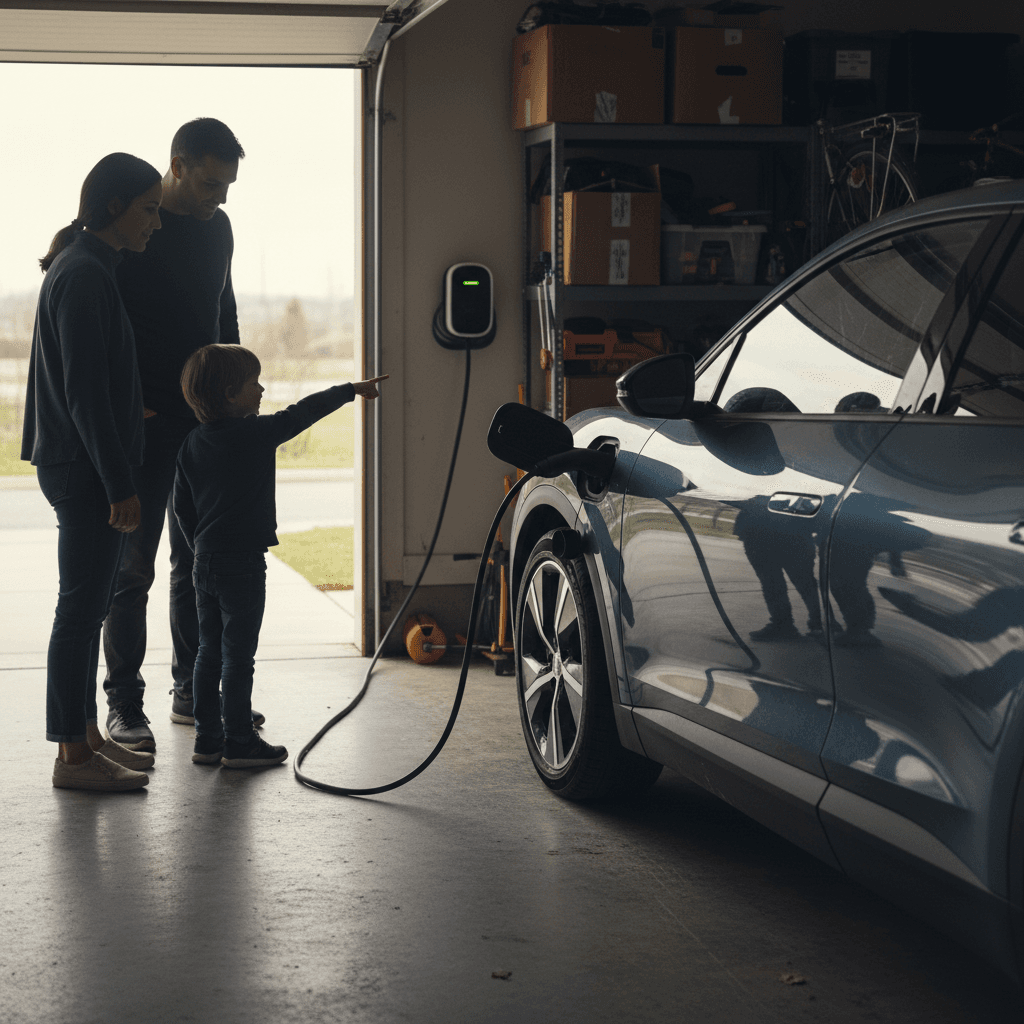 Family charging their electric vehicle in a home garage, highlighting the convenience of home EV charging