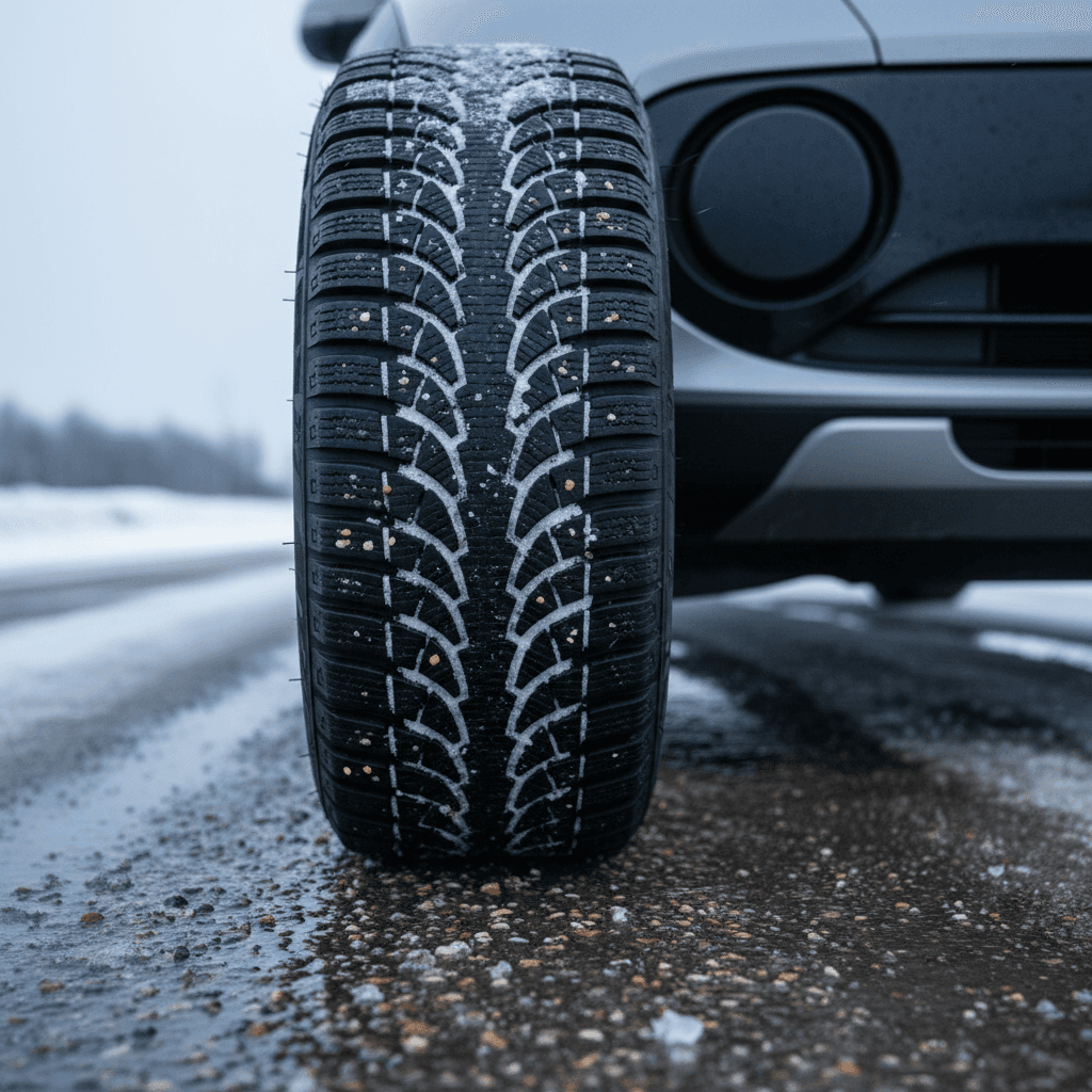 Closeup of winter tire tread on an electric vehicle parked in snow